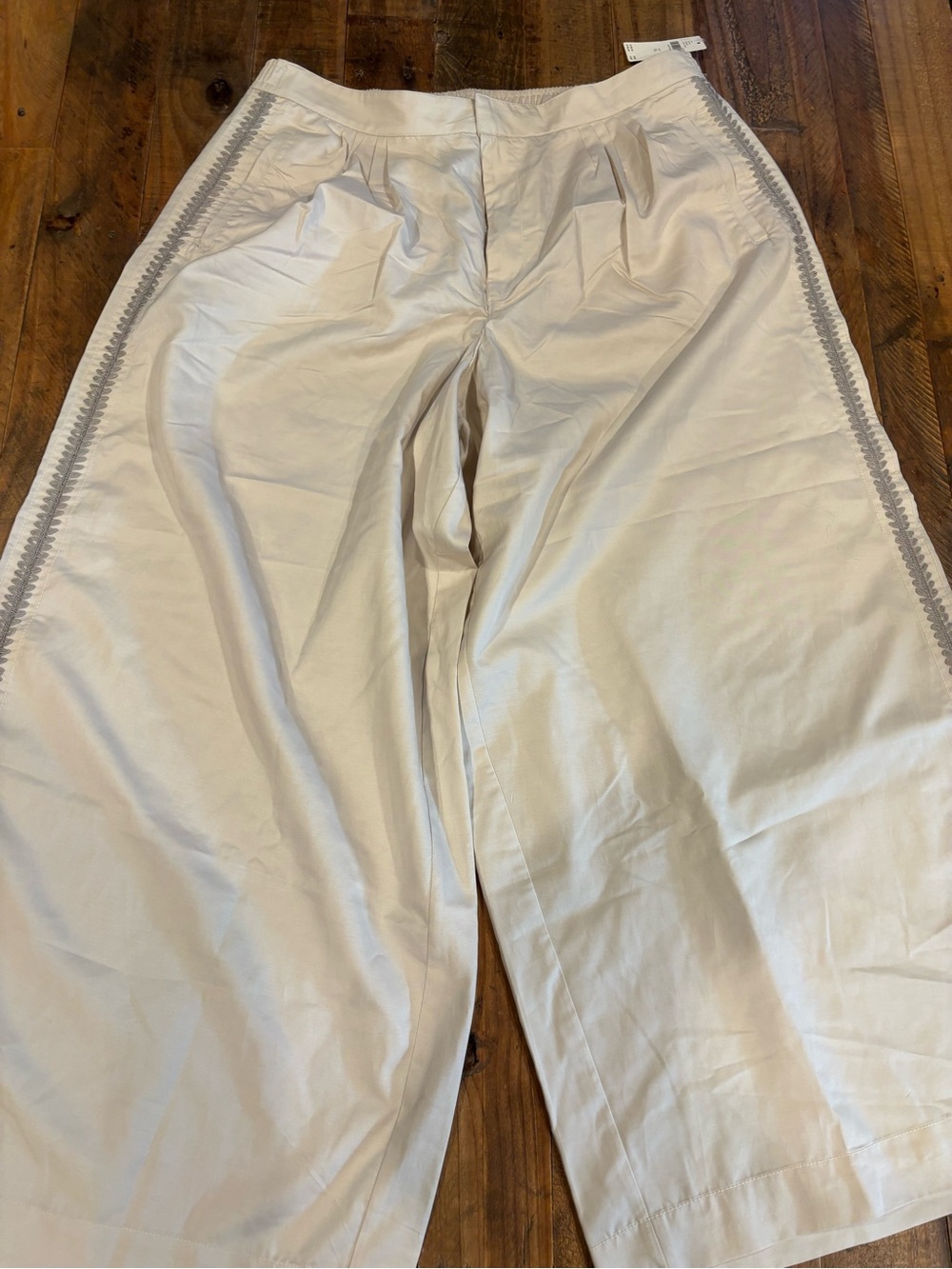 Anthropologie Cream Wide-Leg Pants with Gray Side Trim